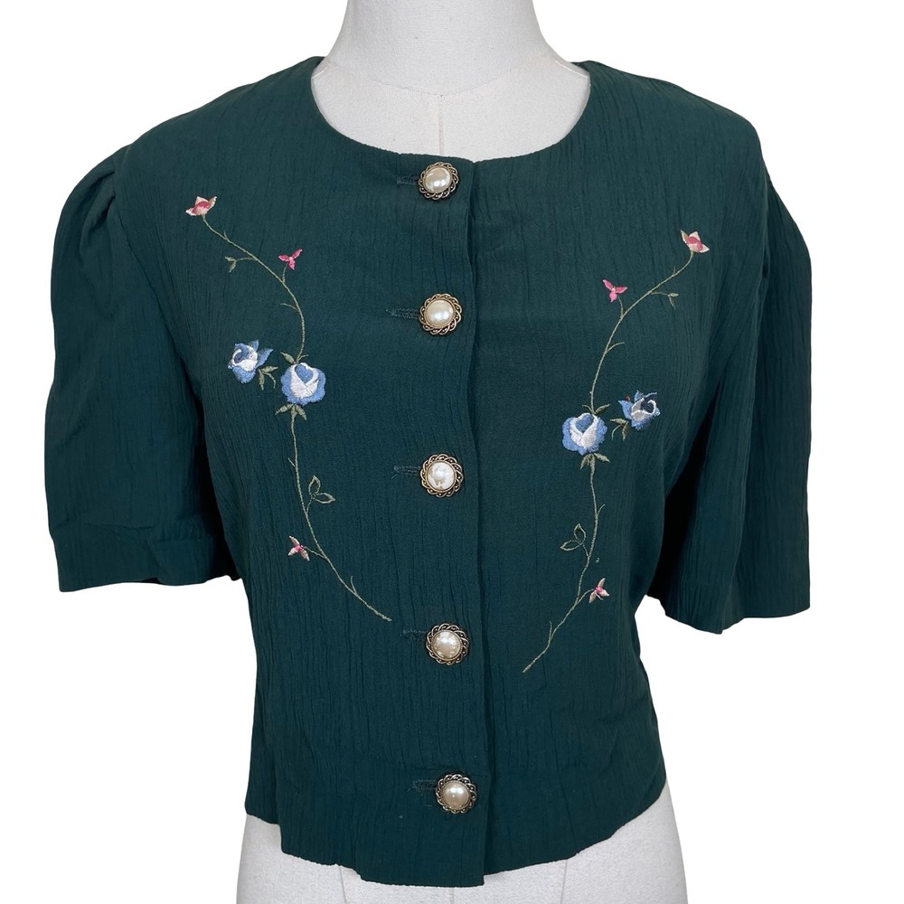 Vintage Embroidered Floral Cropped Blouse Women L Green Pearl Button Cottagecore